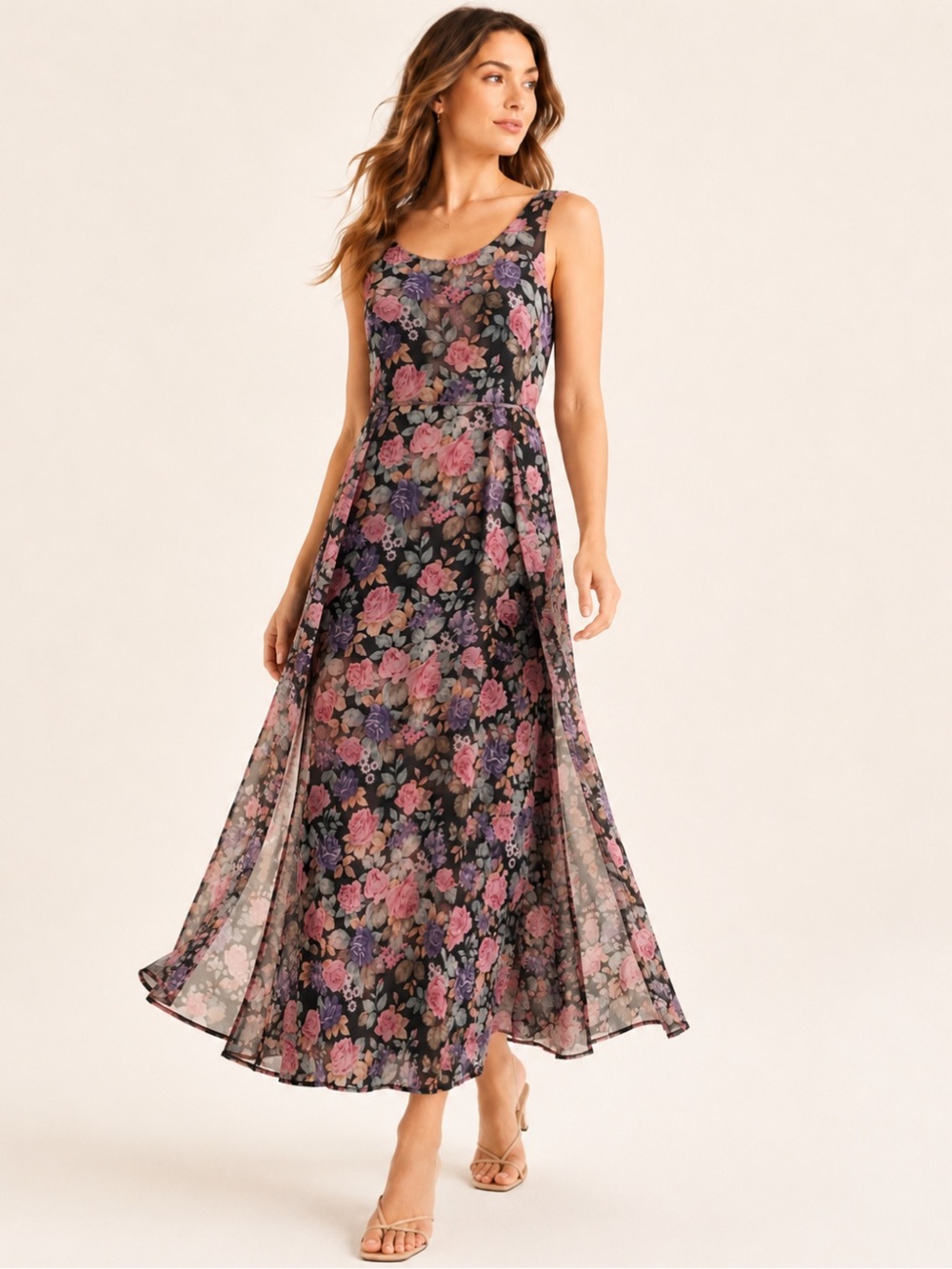 Anne David de Paris Vintage 90s Floral Chiffon Overlay Maxi Dress Sz M